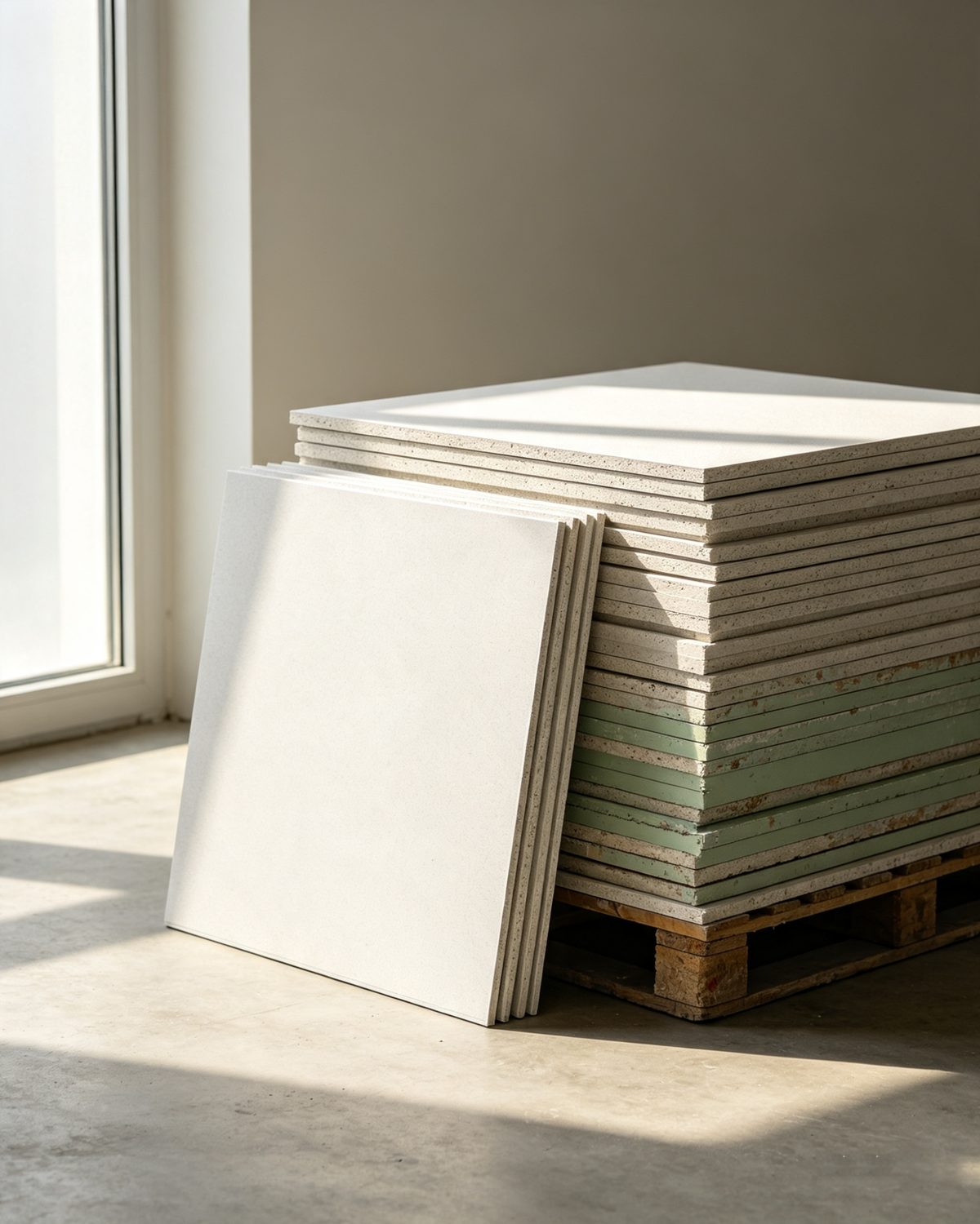 Reclaimed ceiling tiles stacked in daylight studio