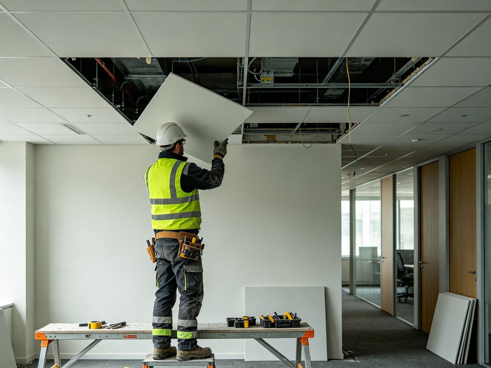 Careful ceiling grid removal on site