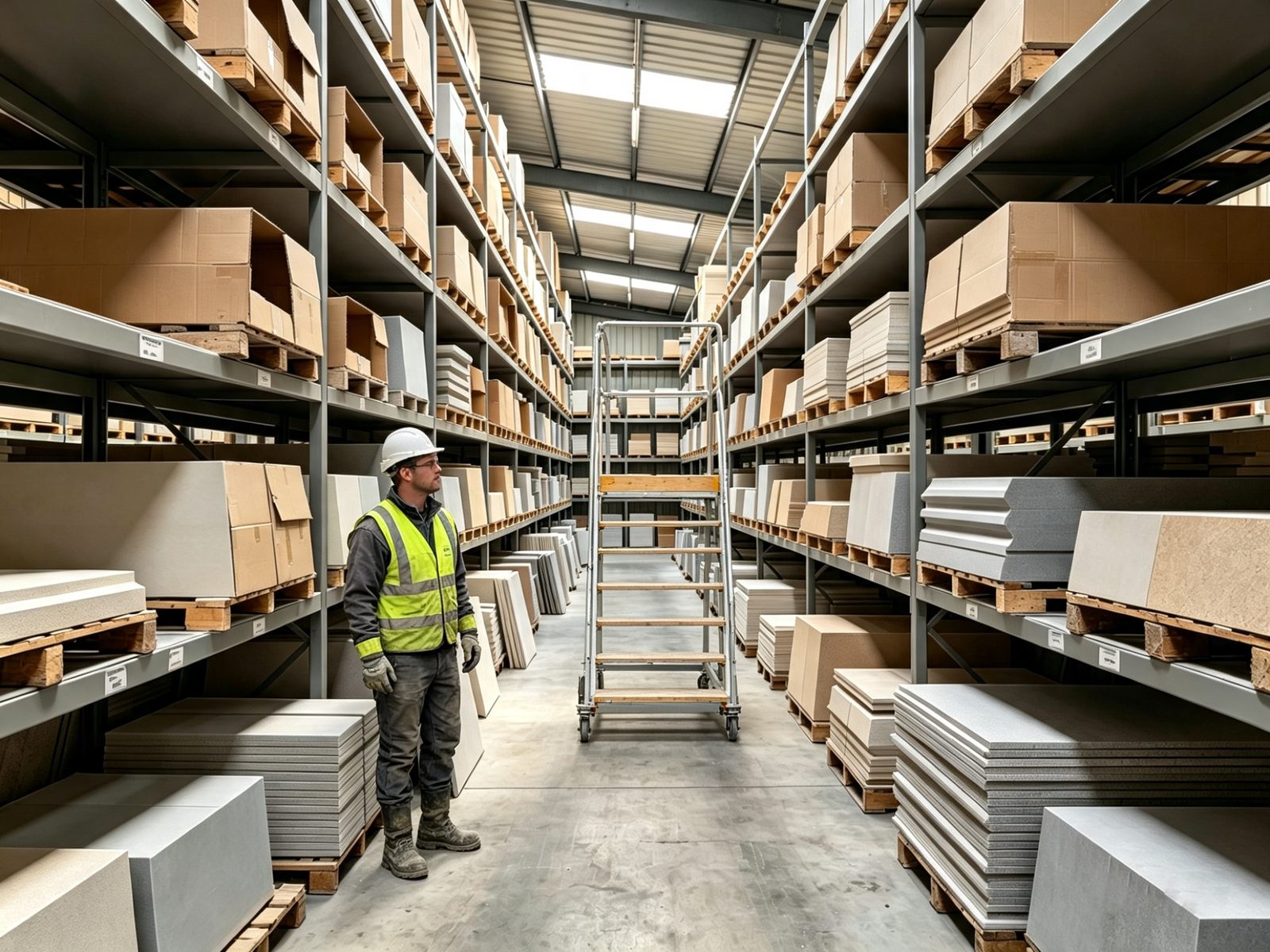 Reclaimed ceiling material store, sorted stock on steel shelving