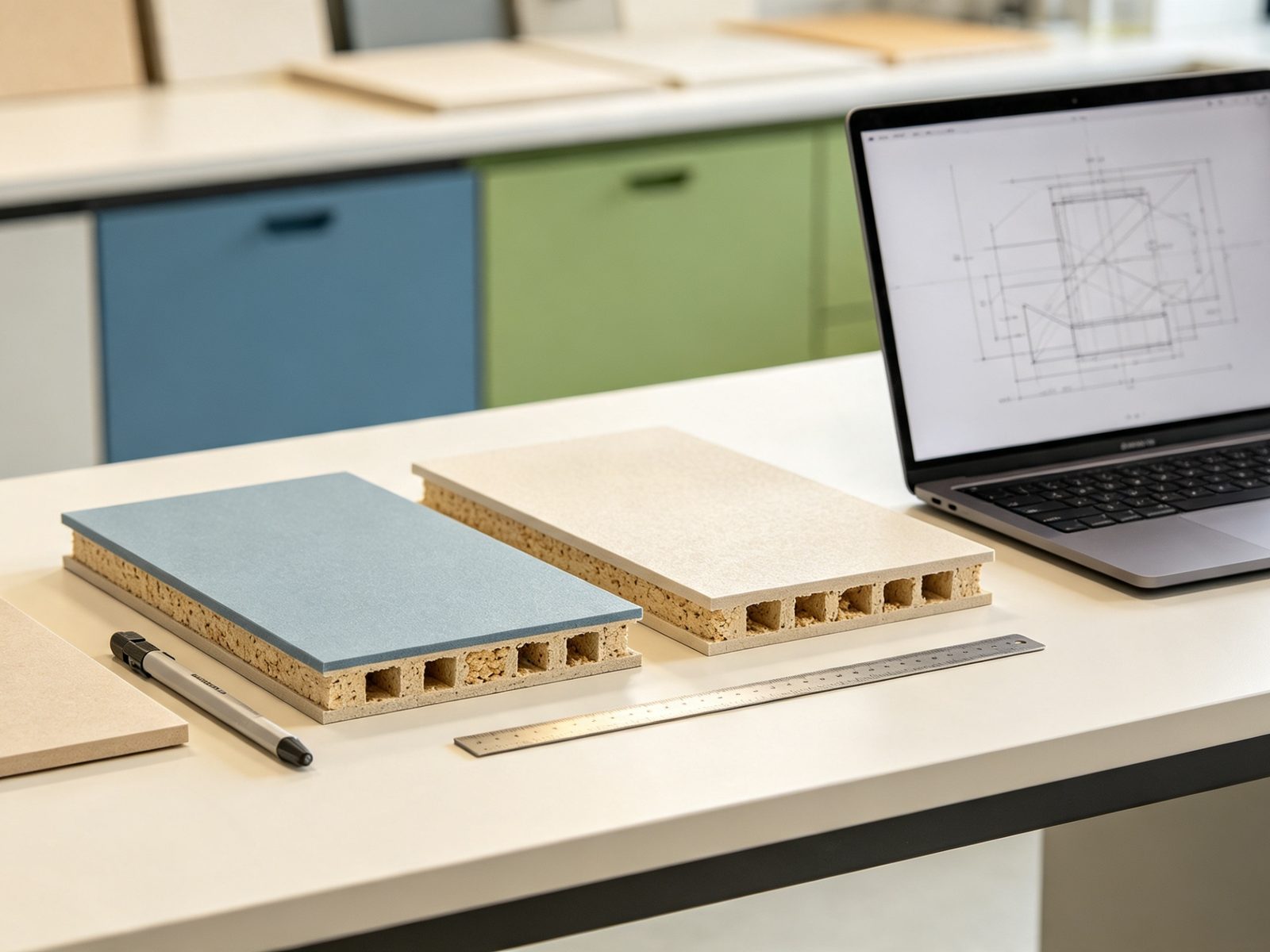 Product development studio with material samples